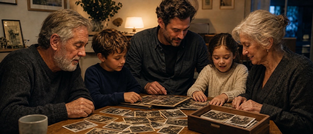 A family gathered around printed photographs laid face-up on a table