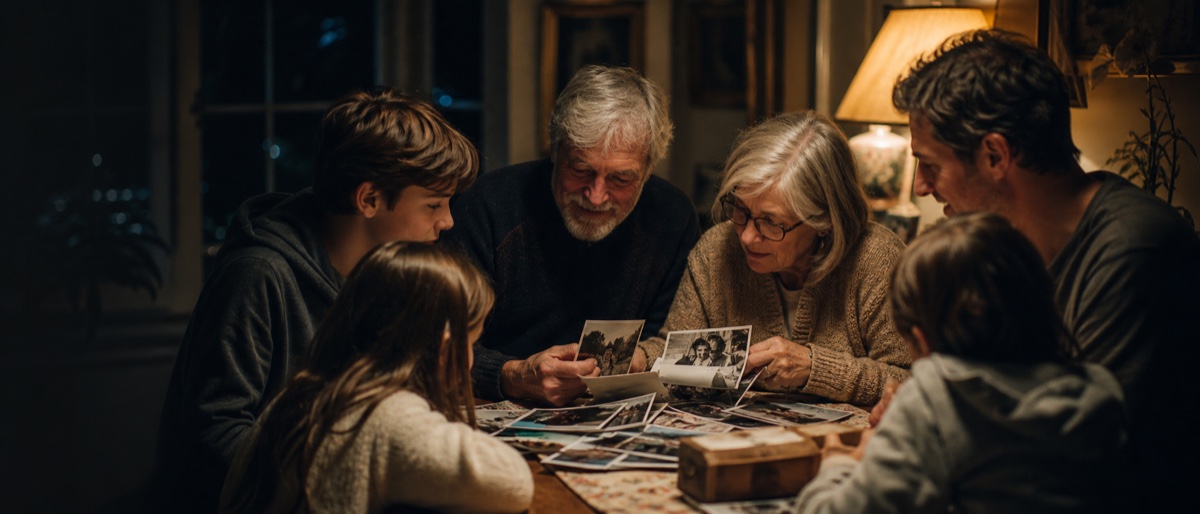A family looking through old photographs together at a table