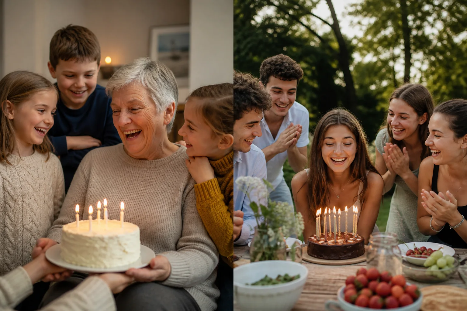 Illustration of an older woman celebrating her birthday with grandchildren and a cake