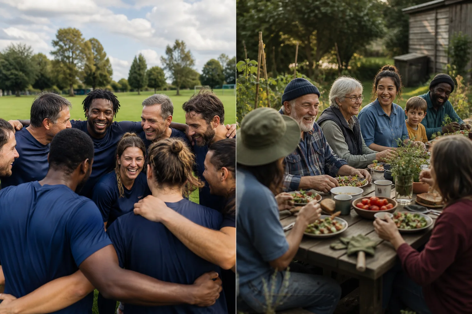 Illustration of a community football team gathered in a joyful huddle