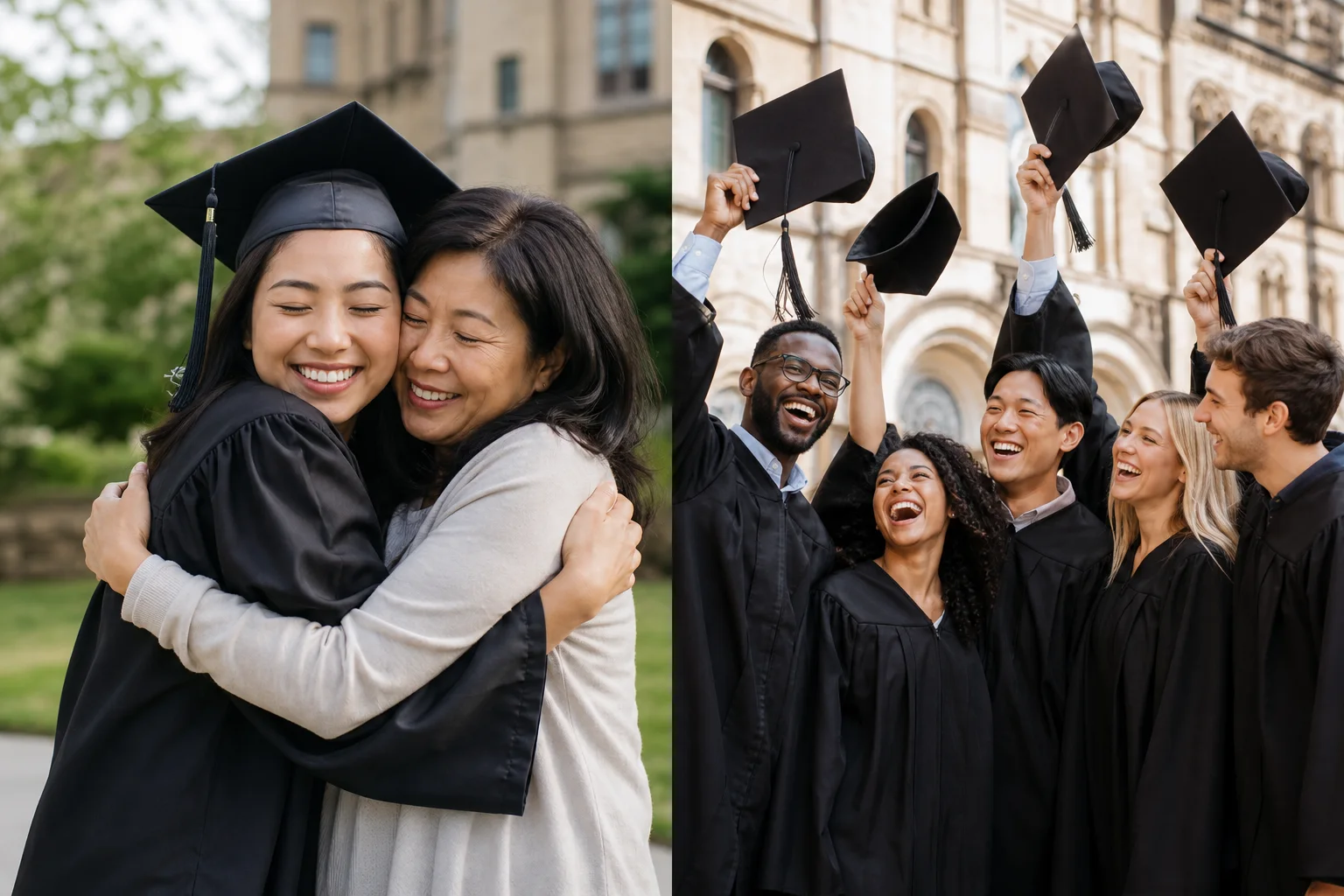 Illustration of a graduate in cap and gown embracing a proud parent