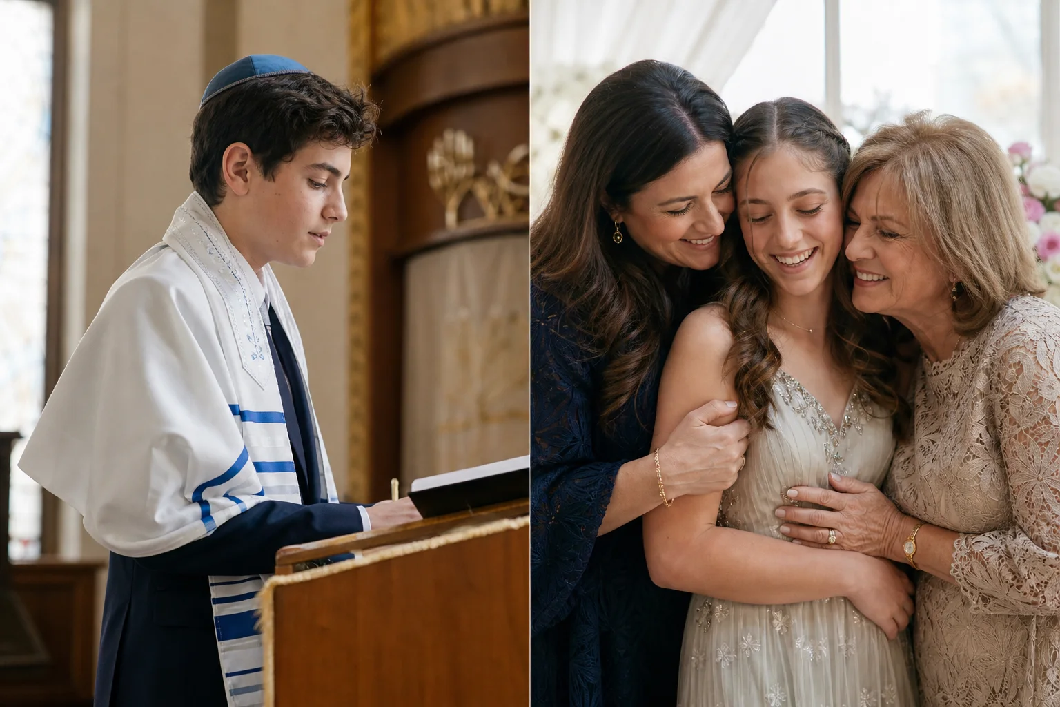 Illustration of a boy wearing a tallit and kippah at a synagogue lectern