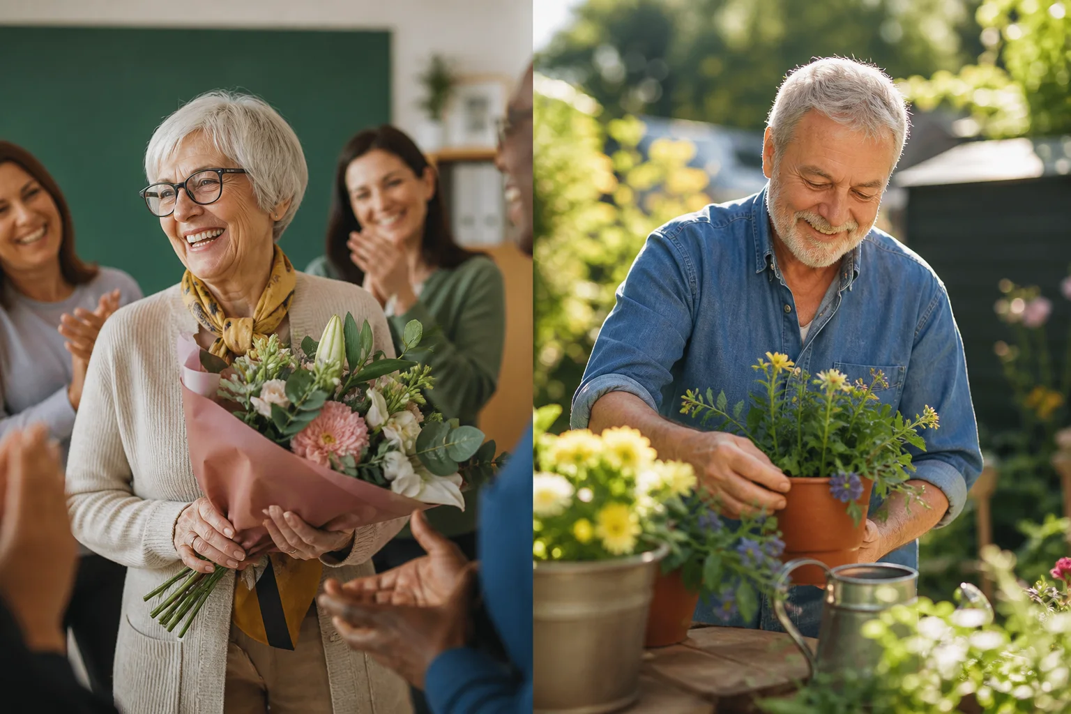 Illustration of a retiring teacher receiving flowers from her colleagues